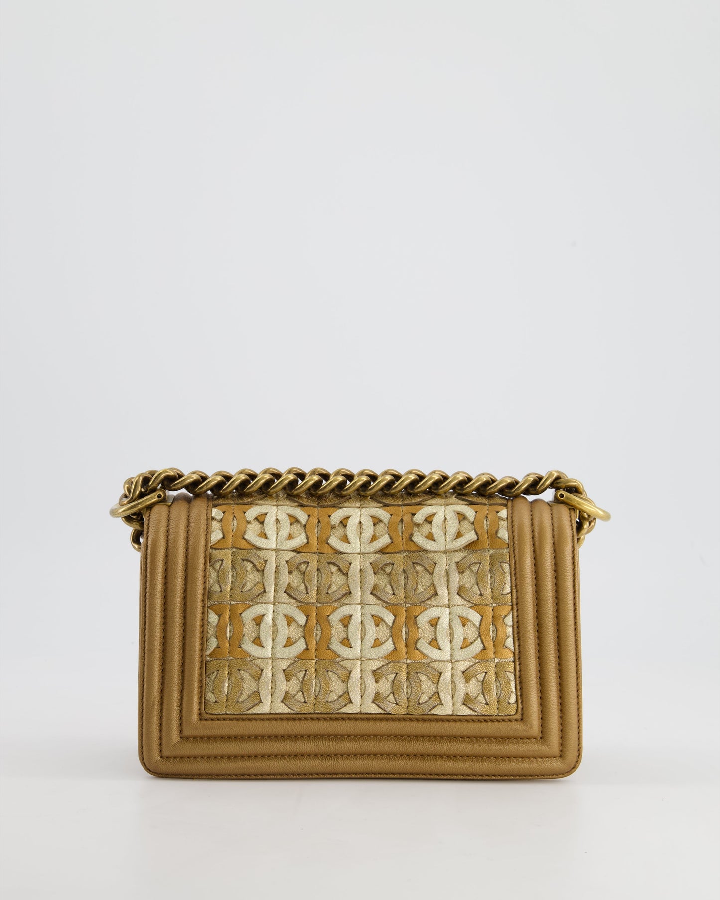 *LIMITED EDITION* Chanel Gold Metallic Small Boy Bag In Calfskin Leather with Antique Gold Hardware CC Details