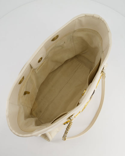 *HOT* Chanel White Small Deauville Tote Bag in Aged Calfskin Leather with Antique Gold Hardware and Pearl, Crystal Logo Detail