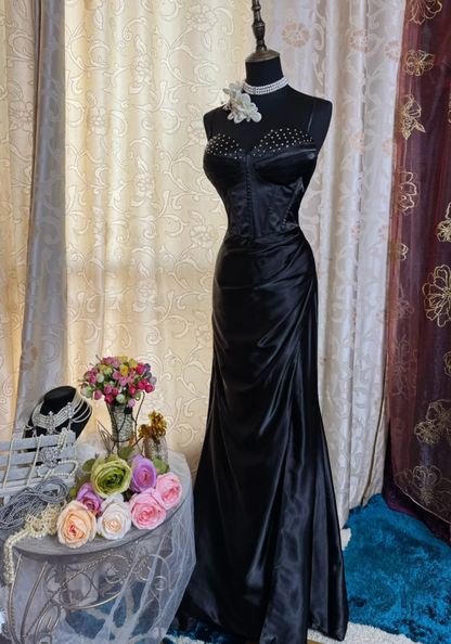 Fashion Black Spaghetti Straps Satin Beaded Mermaid Long Evening Dress Formal Wedding Guest Dress SP1614