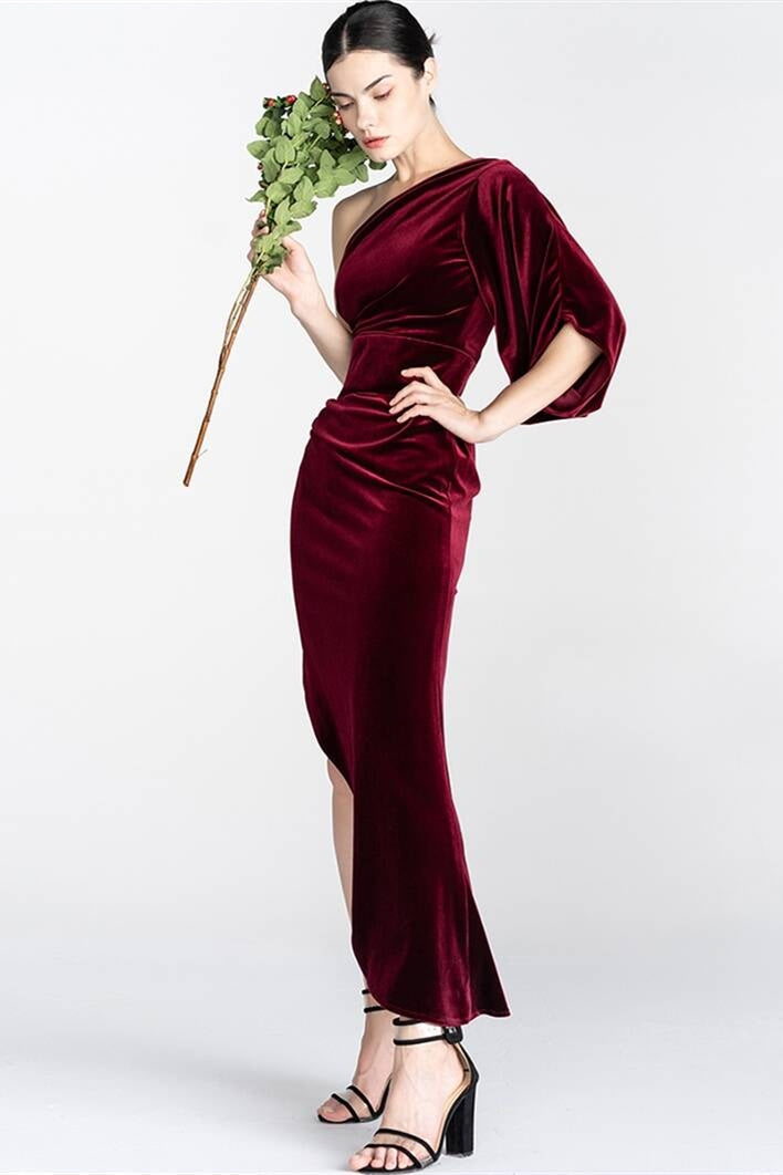 One Shoulder Tight Burgundy Velvet Dress