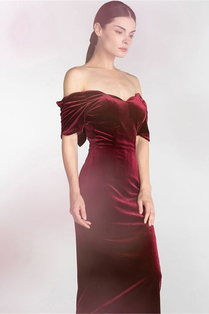 Off Shoulder Burgundy Velvet Dress with Bow
