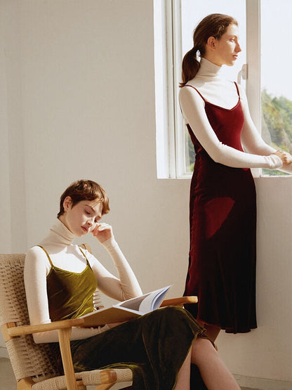 Straps Burgundy Velvet Midi Dress