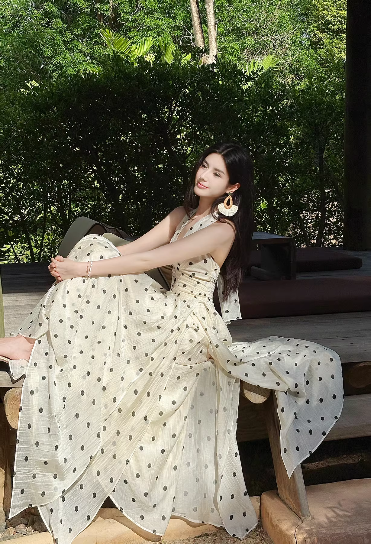 Cute Halter V Neck A Line Polka Dot Prom Dress Long Party Dress SP2003