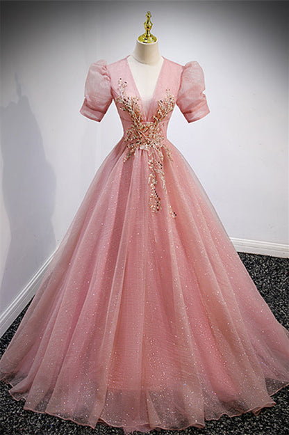 Pink Tulle A-Line V-Neck Short Sleeves Appliques Prom Dress