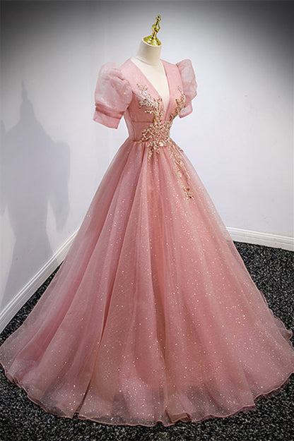 Pink Tulle A-Line V-Neck Short Sleeves Appliques Prom Dress