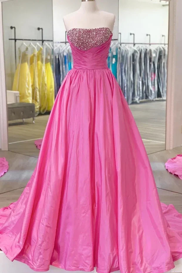 Pink A-Line Strapless Pearl Empire Prom Party Dress