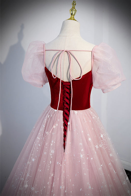 Tulle And Velvet Short Sleeves Empire A-Line Party Prom Dress
