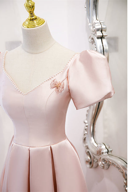 Pink Satin A-Line V-Neck Short Sleeves Party Evening Dress
