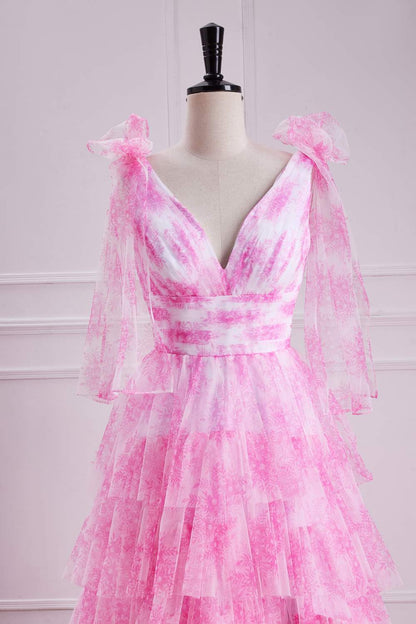 Pink Floral Bow Tie Straps Layers A-line Long Prom Dress with Slit
