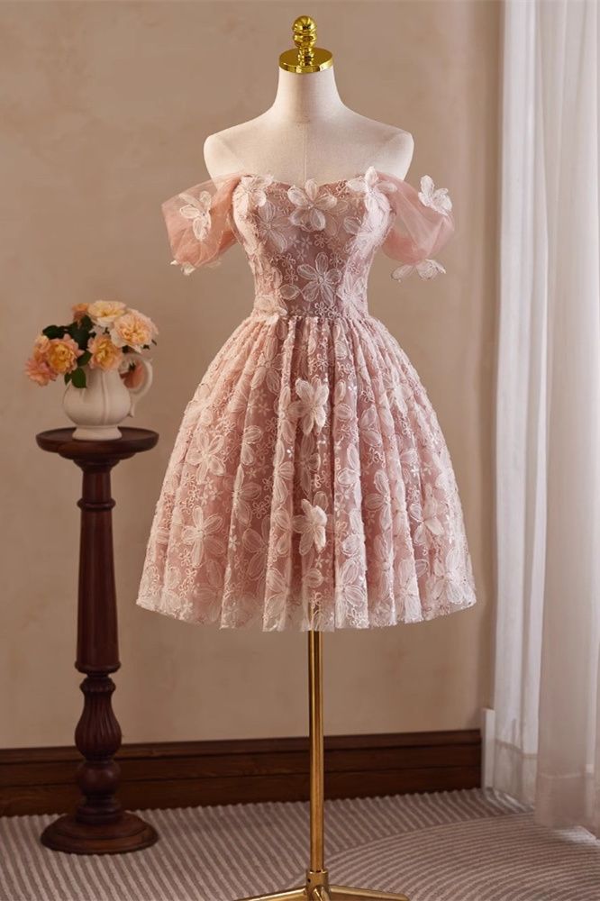 Pink Vintage Off the Shoulder Flower Appliques Homecoming Dress