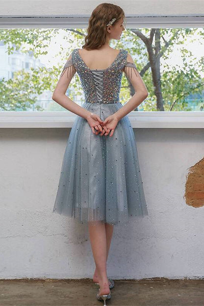 Princess Dusty Blue Illusion Neck Beading Party Dress