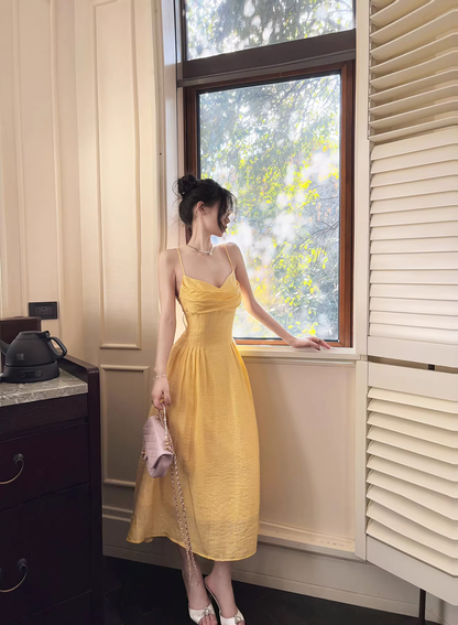 Sweet Spaghetti Straps Yellow Satin A Line Long Party Dress Prom Gowns SP2015
