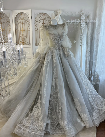 Vintage Silver Gray Tulle Lace Sequin Beaded Long Wedding Dress Formal Gowns SP1444