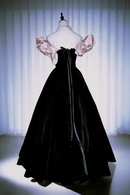 Cute Off The Shoulder Ball Gown Black Velvet Long Birthday Party Dress With Pearls SP2038