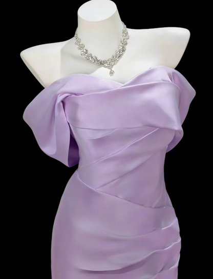 Pretty Lavender Off The Shoulder Satin Pleated Mermaid Long Party Dress Formal Wedding Guest Dress SP1935