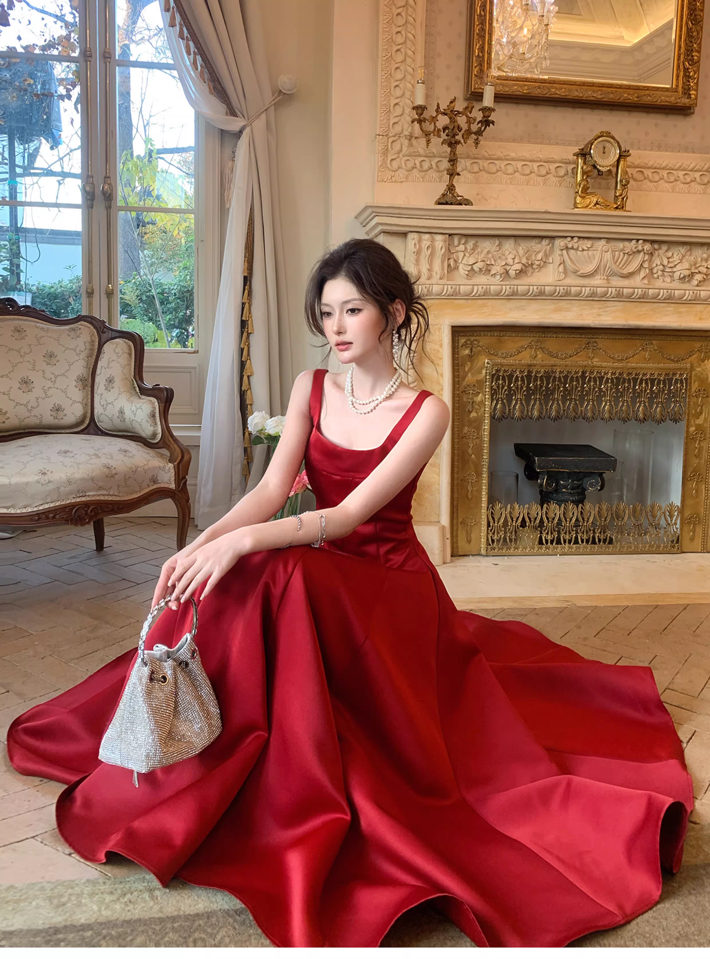 Fashion Spaghetti Strap Red Satin A Line Long Evening Dress Formal Birthday Prom Dresses SP1653