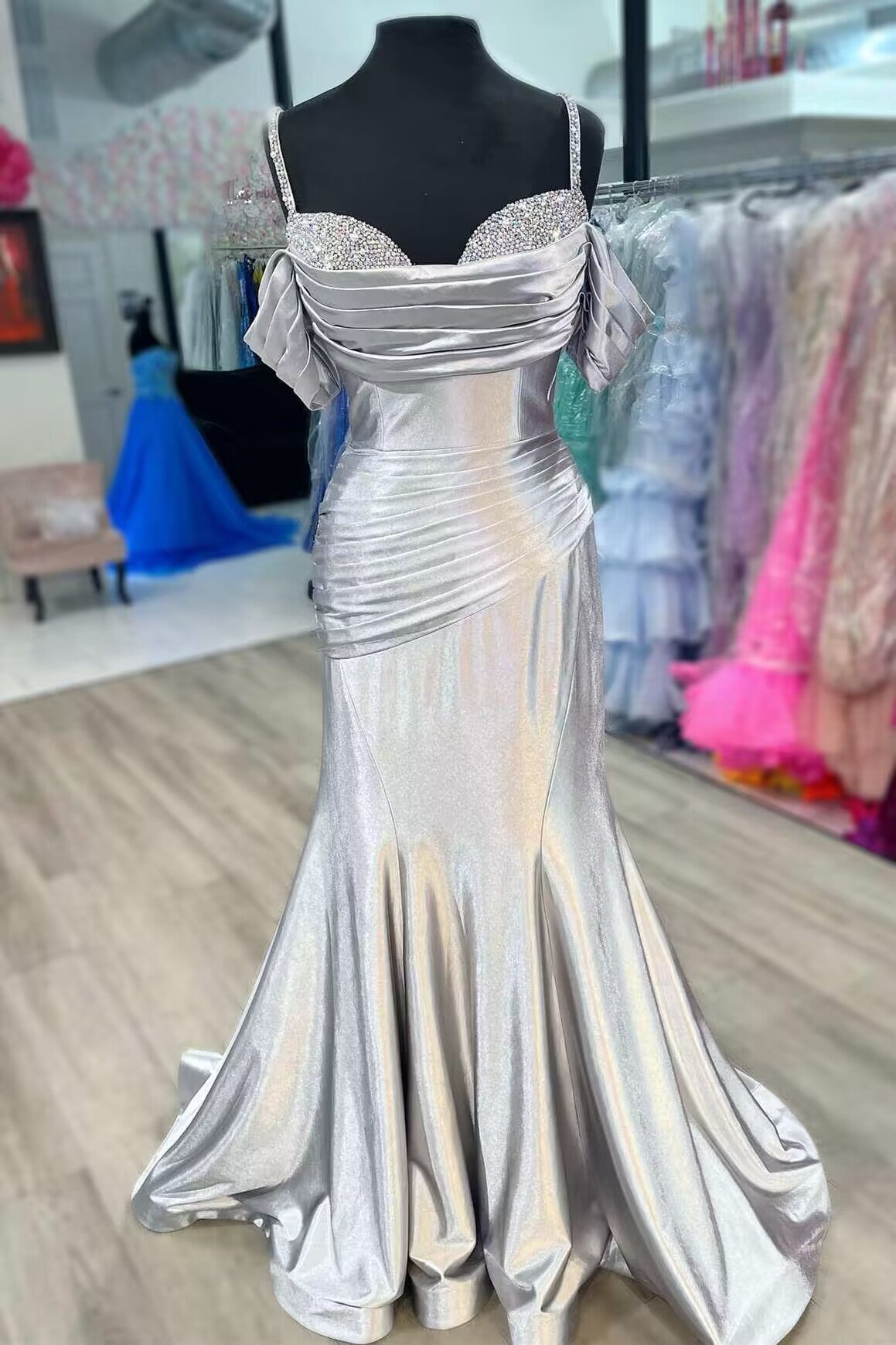 Black Beaded Bust Off-Shoulder Mermaid Satin Long Prom Dress