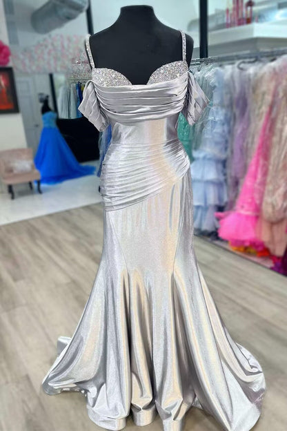 Black Beaded Bust Off-Shoulder Mermaid Satin Long Prom Dress