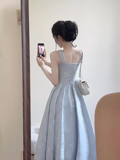 Unique Spaghetti Straps Blue Satin Print Floral A Line Long Birthday Prom Dress Evening Gown SP2027