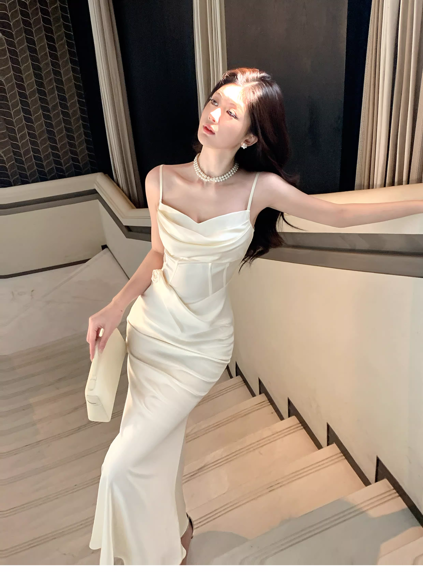 Classy Spaghetti Straps Satin Mermaid Long Wedding Guest Dress Light Apricot Party Dress SP1498
