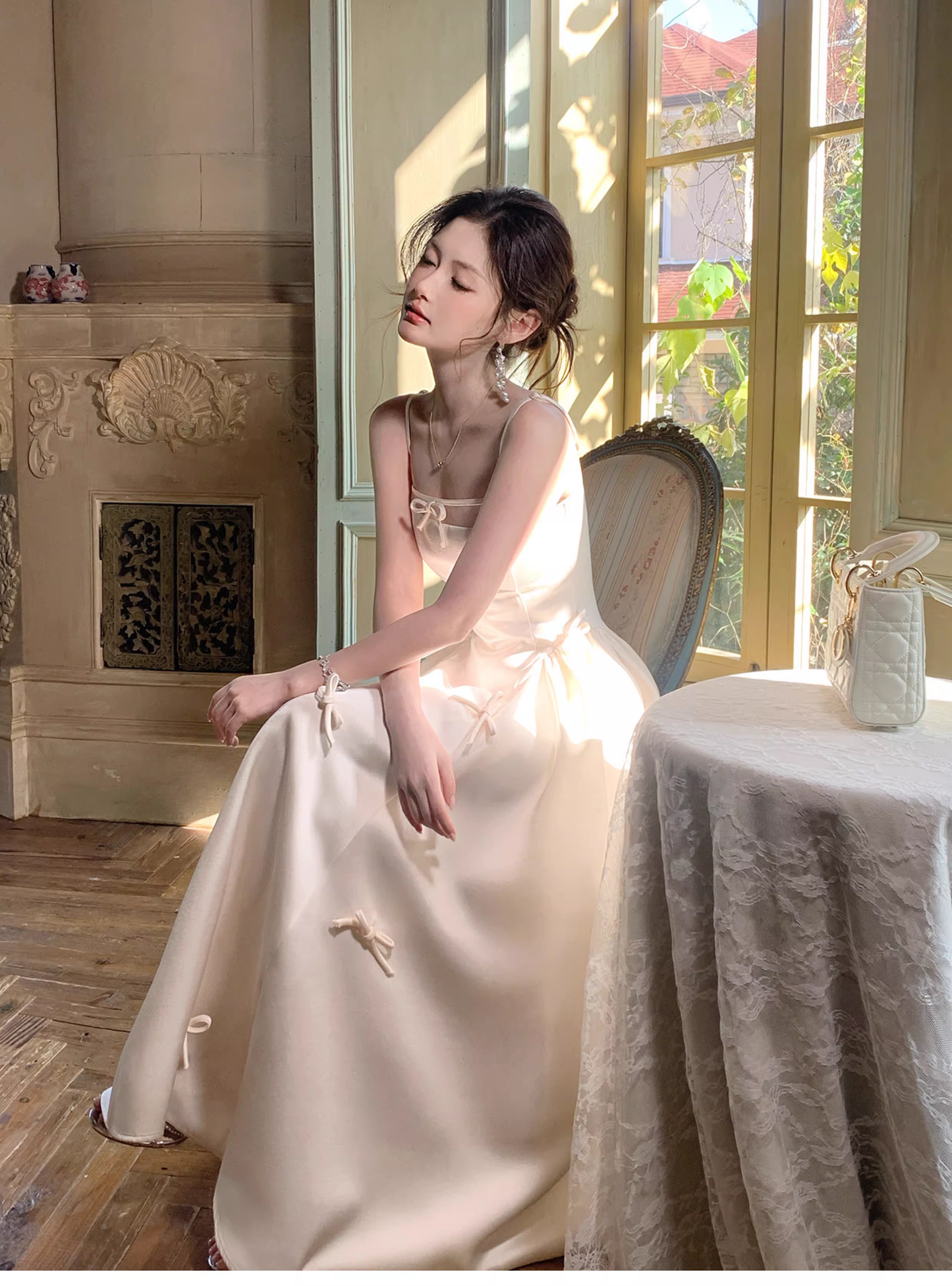 Elegant White Spaghetti Straps Satin A Line Long Evening Dress Birthday Prom Dress With Bow SP1539