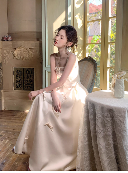 Elegant White Spaghetti Straps Satin A Line Long Evening Dress Birthday Prom Dress With Bow SP1539