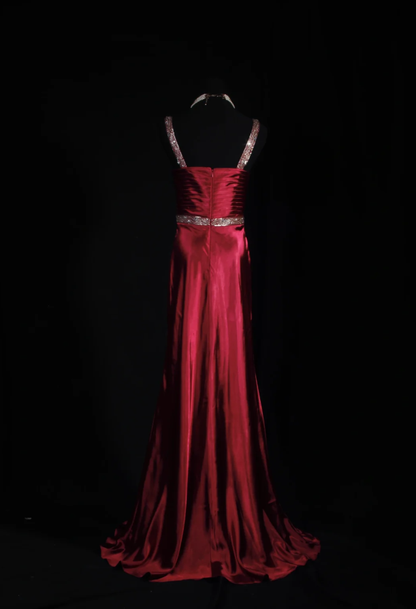 Pretty Burgundy Spaghetti Straps Satin Beaded Mermaid Long Evening Dress Prom Gown SP1697