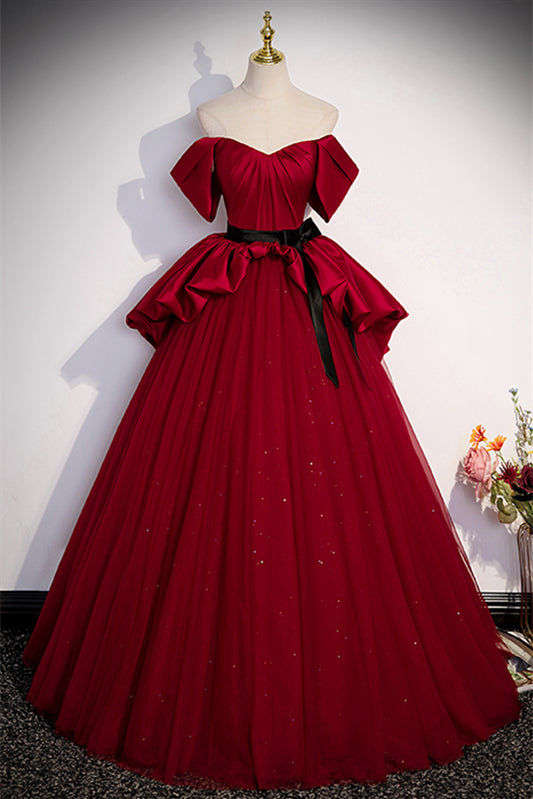 Red Off-Shoulder Empire Sparkly Tulle A-Line Prom Dress