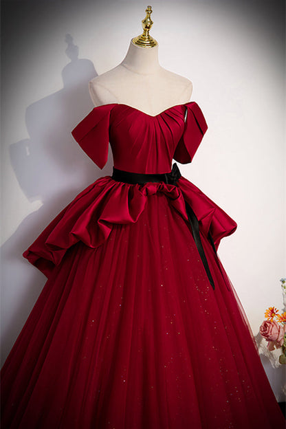 Red Off-Shoulder Empire Sparkly Tulle A-Line Prom Dress
