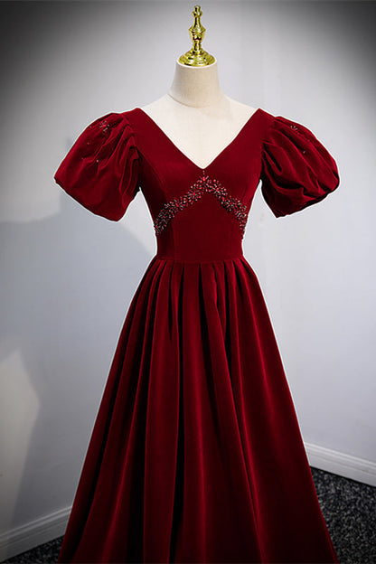 Velvet V-Neck Short Sleeves A-Line Beaded Prom Dress