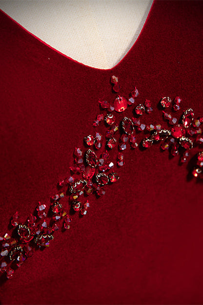 Velvet V-Neck Short Sleeves A-Line Beaded Prom Dress