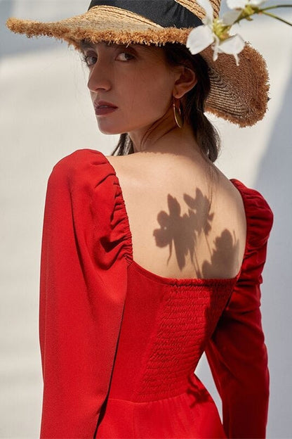 Red Long Sleeves Midi Dress