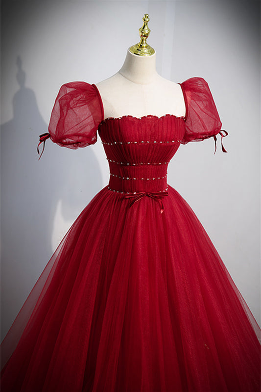 Sparklt Tulle A-Line Short Sleeves Long Formal Prom Dress