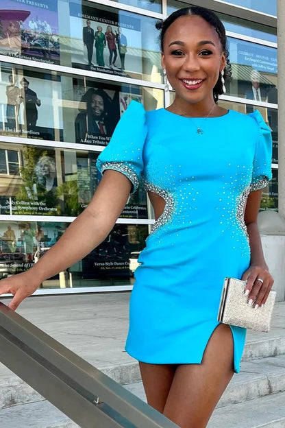 Round Short Sleeves Empire Beaded Satin Fitted Homecoming Dress