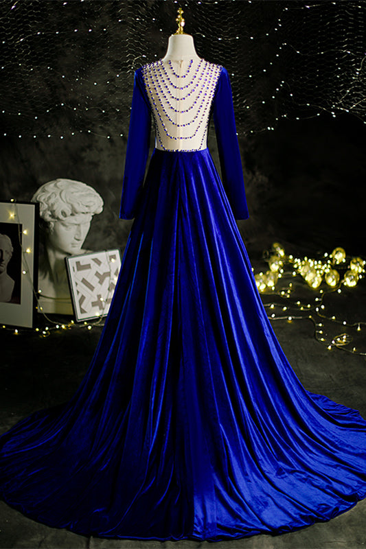 Velevt Square Long Sleeves A-Line Beaded Back Prom Dress