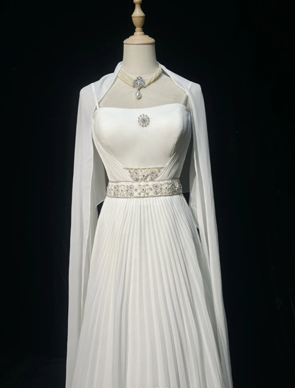 Classy Spaghetti Straps Chiffon Beaded Mermaid Party Dress White Birthday Prom Gowns SP1856