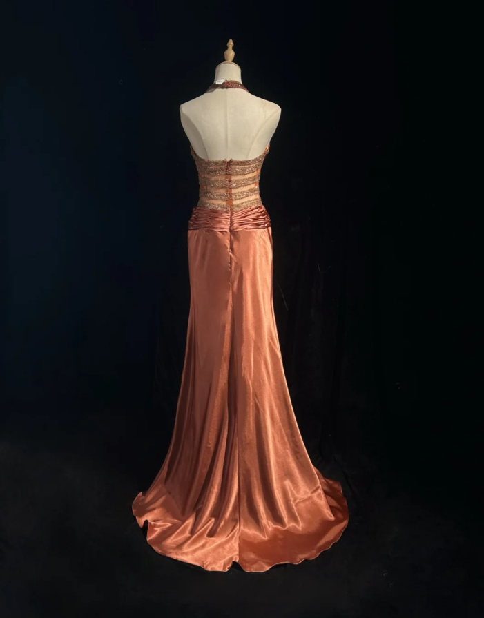 Vintage Halter Caramel Satin Beaded Mermaid Long Party Dress Formal Wedding Guest Dress SP1821