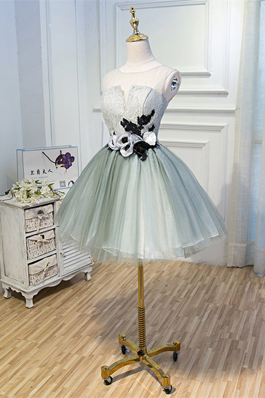 Dusty Sage Illusion Neck Lace Flowers Tulle Homecoming Dress