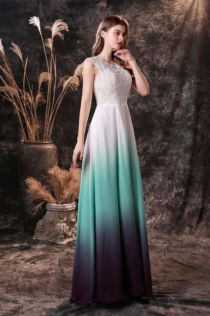 Sleeveless White and Green Chiffon Long Bridesmaid Dress