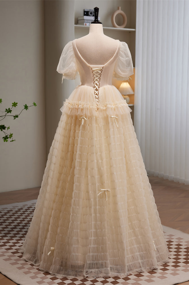 Champagne V Neck Puff Sleeves Beaded Ruffles Long Prom Dress
