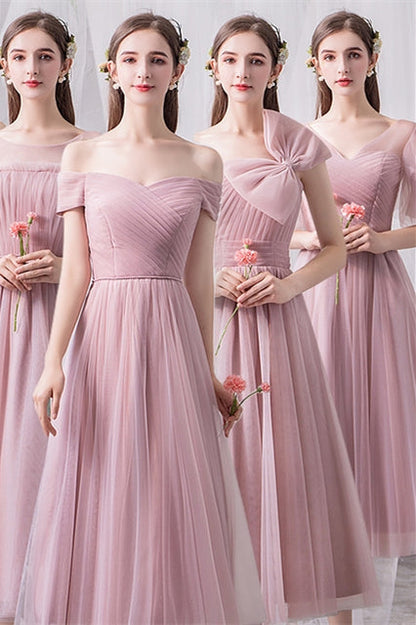 Blush Pink Tulle Midi Mismatched Bridesmaid Dress