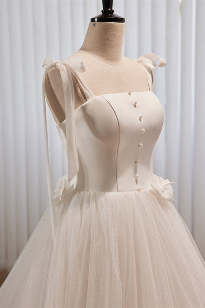 Ivory Bow Tie Shoulder Pearl Bows Tulle Long Wedding Dress