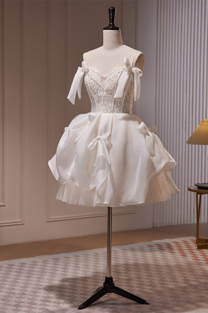 Ivory Straps Bows Lace Top Ruffle Tulle Homecoming Dress