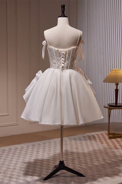 Ivory Straps Bows Lace Top Ruffle Tulle Homecoming Dress
