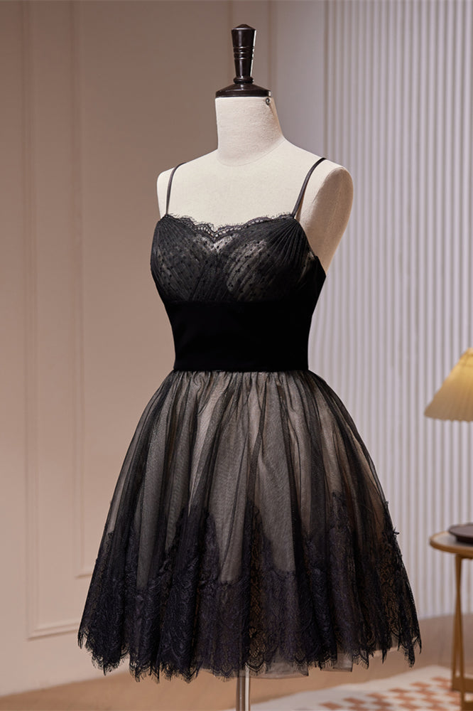 Black Lace Pleated Straps Tulle Homecoming Dress