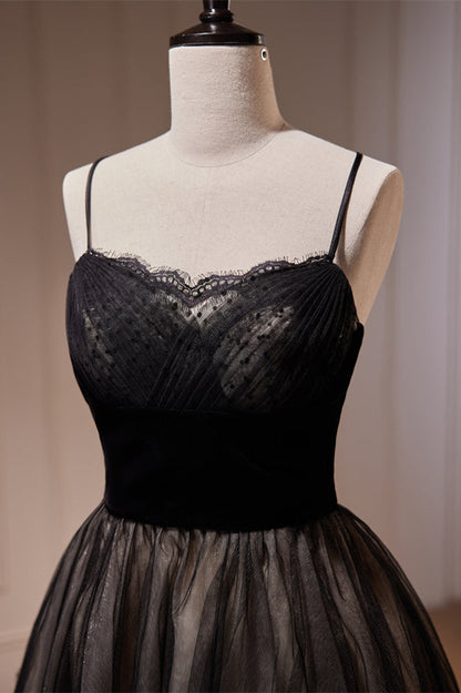 Black Lace Pleated Straps Tulle Homecoming Dress