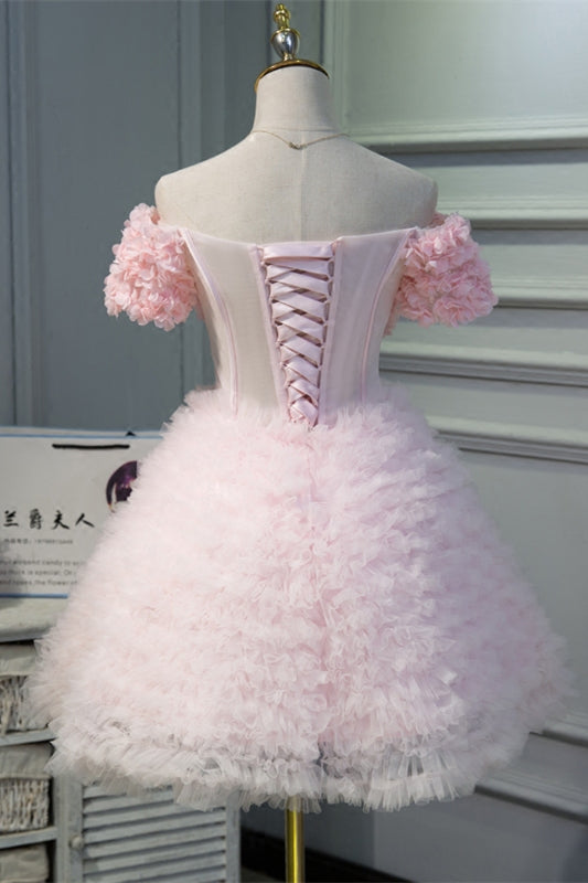 Pink Off-the-Shoulder Flowers Ruffles Tulle Homecoming Dress