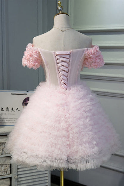 Pink Off-the-Shoulder Flowers Ruffles Tulle Homecoming Dress