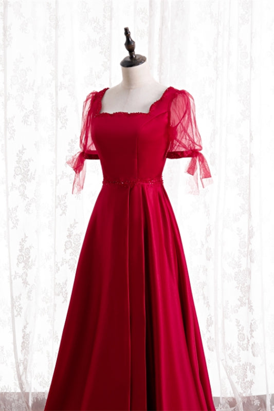 Casual Square Short Sleeves A-Line Satin Party Prom Dress