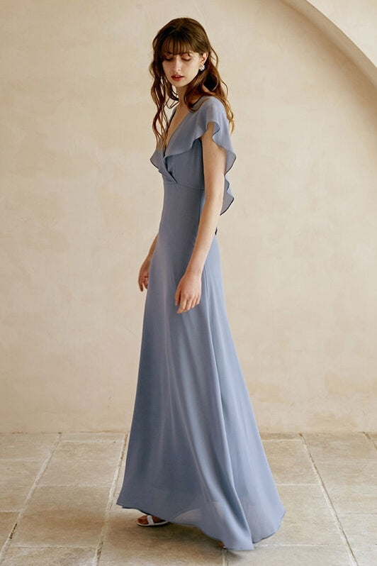 Flutter Sleeves Chiffon Long Bridesmaid Dress